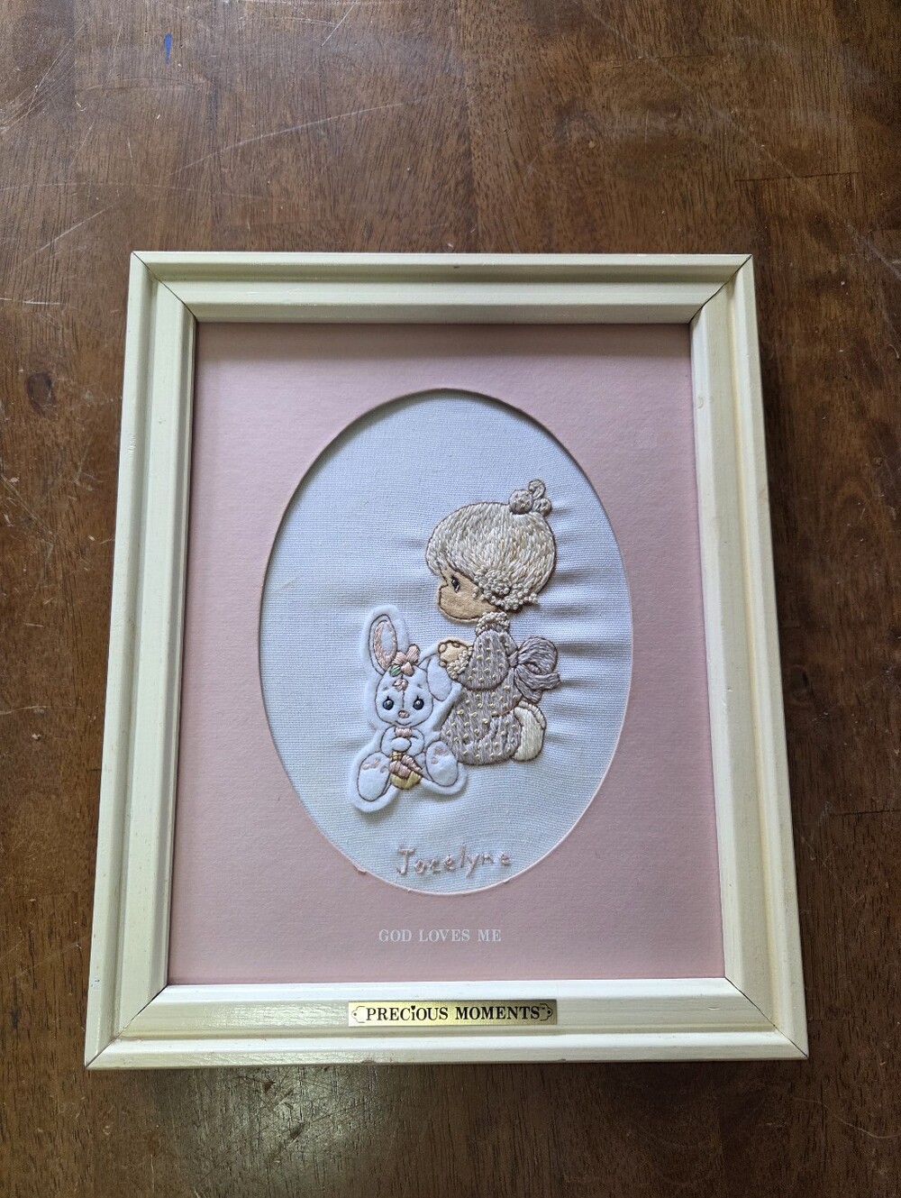 Vintage 1984 Precious Moments "God Loves Me" Framed Crewel Embroidery Artwork -